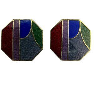 Vintage Unknown Womens Colorful Cloisonné Geometric Octagon Earrings